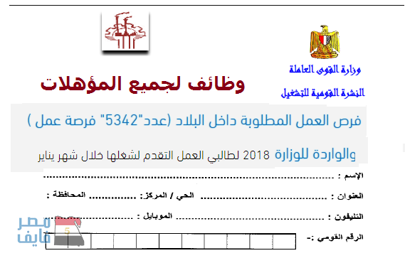 وظائف القوى العاملة لجميع المؤهلات “5342 وظيفة” لشهر يناير 2018