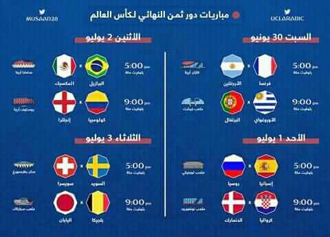 ننشر لكم موعد مباريات دور ال16 فى كأس العالم روسيا 2018