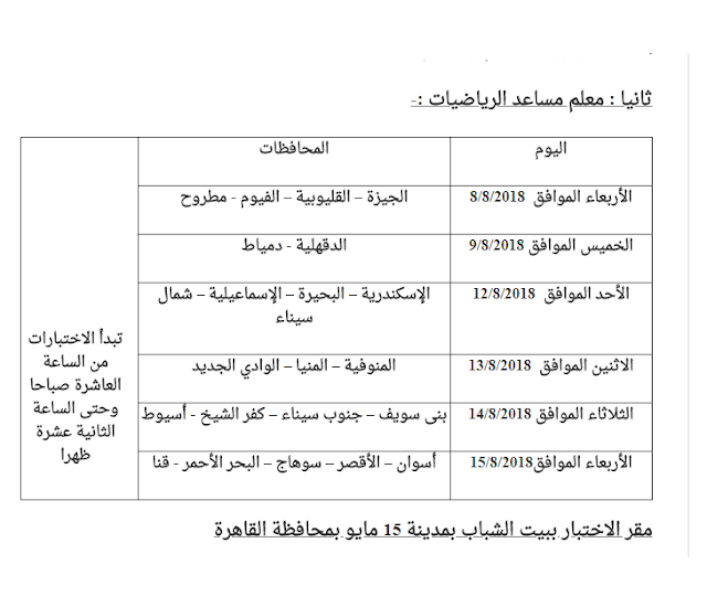 مواعيد وأماكن اختبارات مسابقة الأزهر الشريف 2018 (معلم مساعد تخصص الرياضيات) بجميع المحافظات