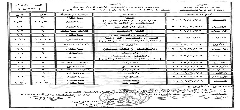 جدول امتحان الثانوية الأزهرية للعام الجاري 2019