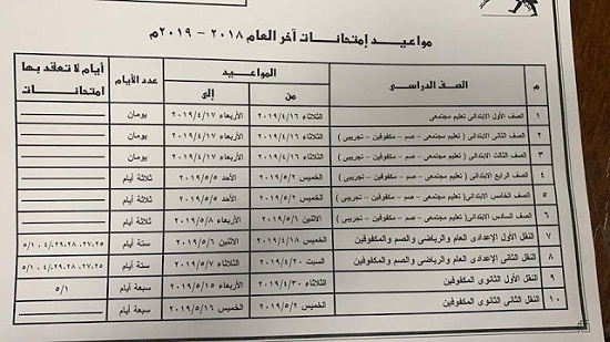 جدول امتحانات آخر العام الترم الثاني لمحافظة القليوبية لجميع المراحل التعليمية