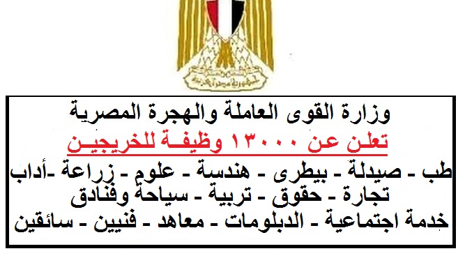 وزارة القوى العاملة تعلن عن 13000 وظيفة شاغرة للمؤهلات العليا والمتوسطة والفنيين والعمال والسائقين