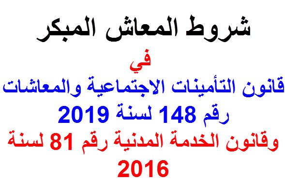 شروط الحصول على المعاش المبكر فى قانوني التأمينات والمعاشات الجديد رقم 148 لسنة 2019 والخدمة المدنية رقم 81 لسنة 2016